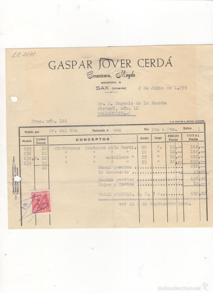 Facturas antiguas: FACTURA. GASPAR JOVER CERDA, CREACIONES MAGDA, ALICANTE, 1959.