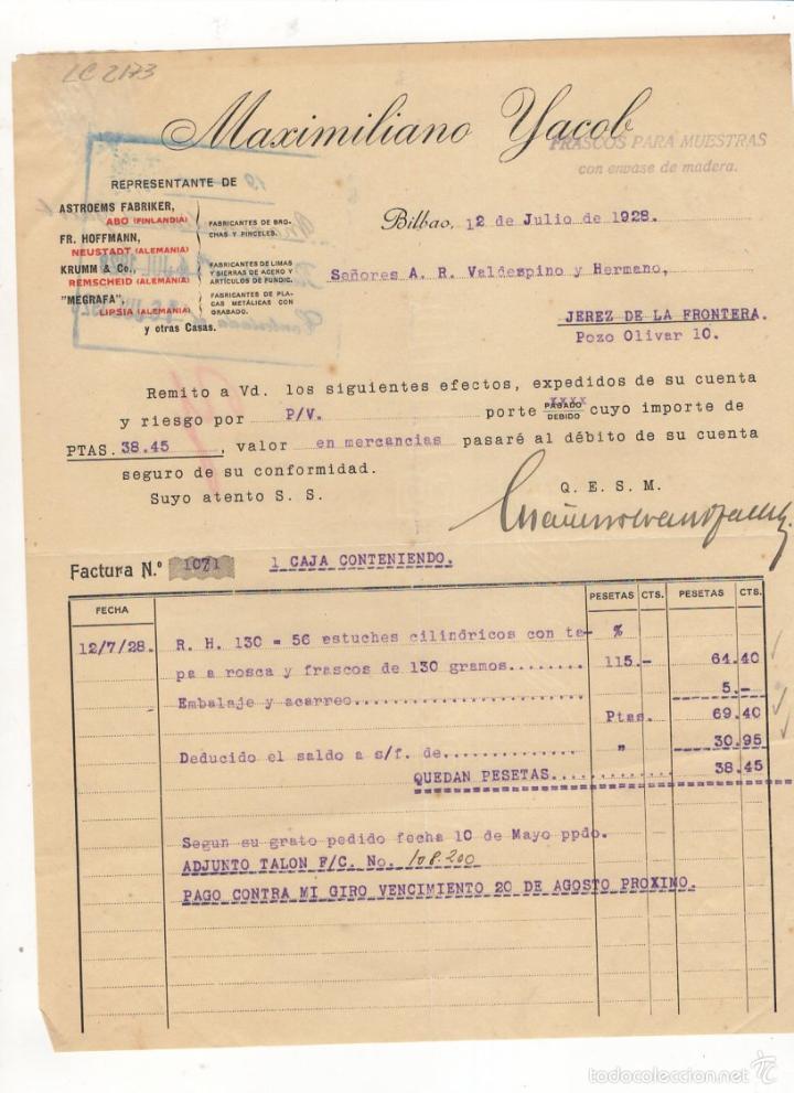 Facturas antiguas: FACTURA. MAXIMILIANO YACOB, FRASCOS PARA MUESTRAS CON ENVASE DE MADERA, BILBAO, 1928.
