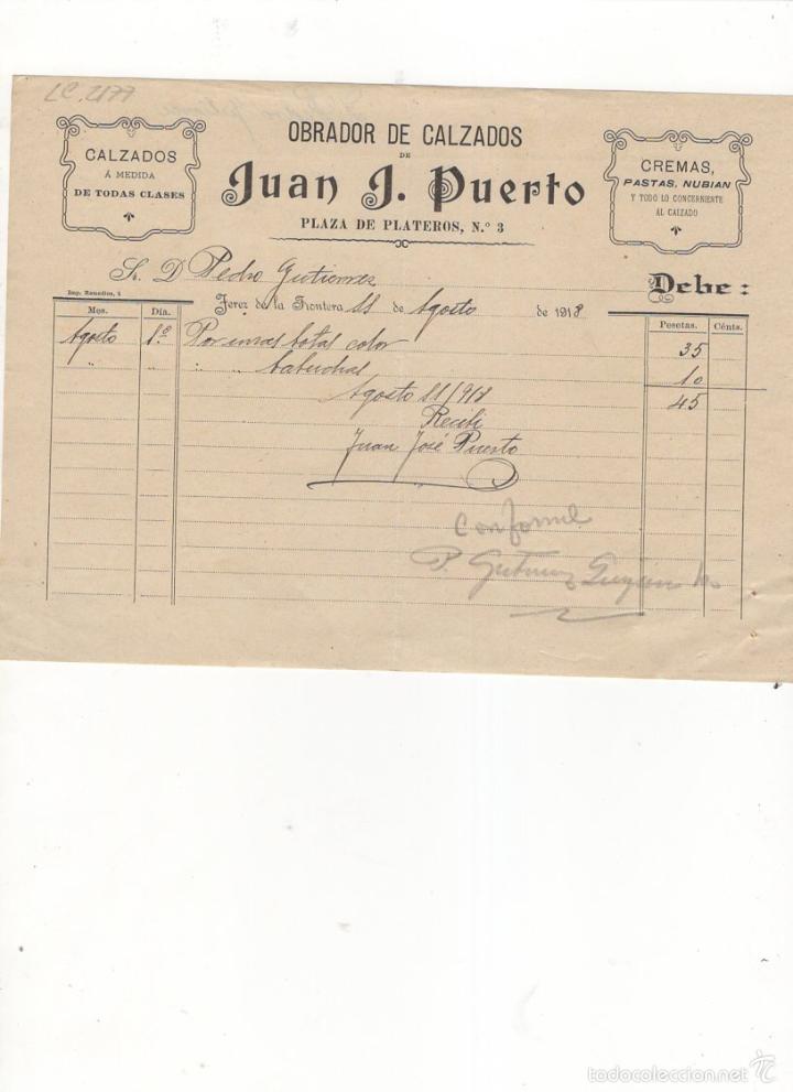 Facturas antiguas: FACTURA. JUAN J. PUERTO, OBRADOR DE CALZADOS, JEREZ DE LA FRONTERA, 1918.