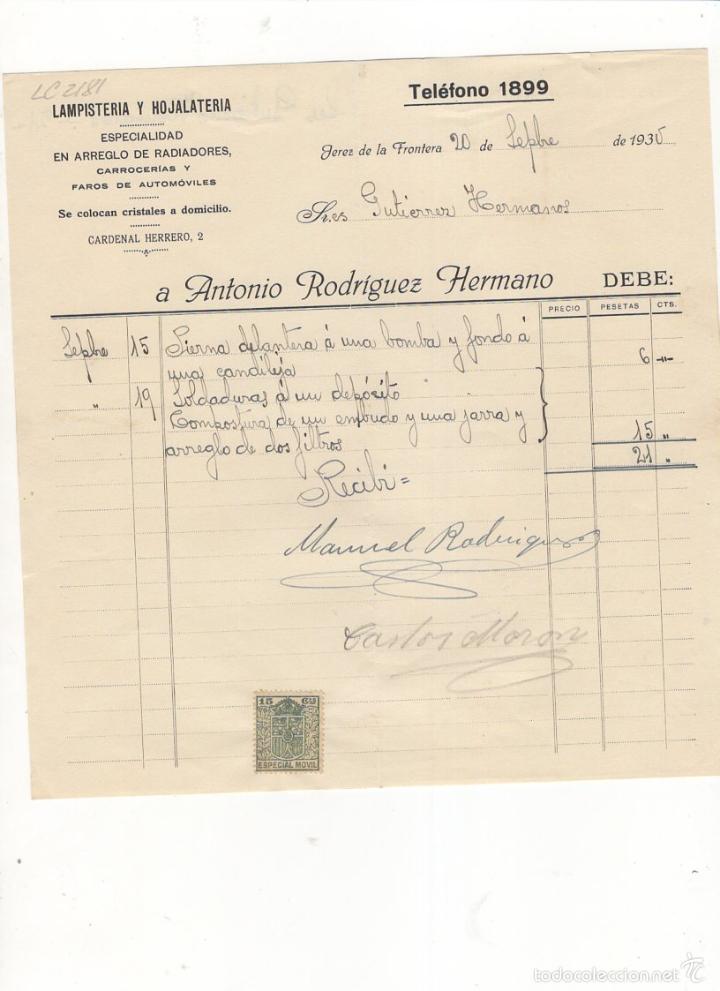 Old Invoices: FACTURA. GUTIERREZ HERMANOS, LAMPISTERIA Y HOJALATERIA, JEREZ DE LA FRONTERA, 1935.