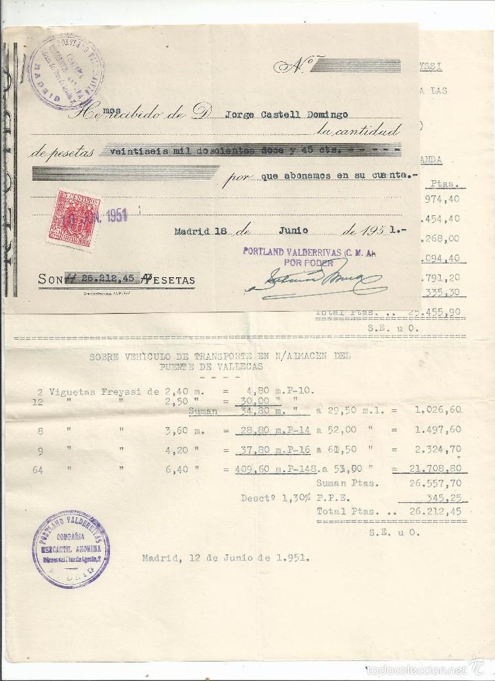 Facturas antiguas: 1951 - PORTLAND VALDERRIVAS MADRID - AYLL&Oacute;N SEGOVIA - ABONO EN CUENTA - TIMBRE 25 CTS.