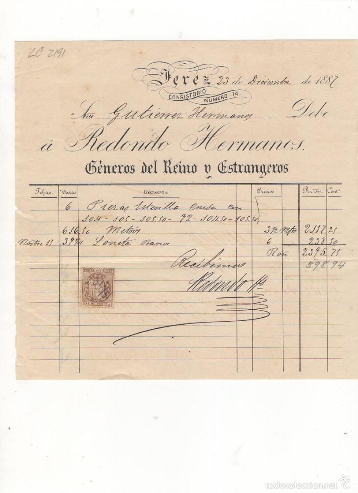 Alte Rechnungen: FACTURA. REDONDO HERMANOS, GENEROS DEL REINO Y EXTRANJEROS, 1887.