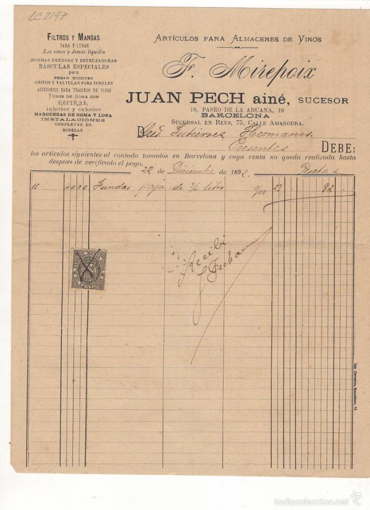 Alte Rechnungen: FACTURA. F. MIREPOIX, ARTICULOS PARA ALMACENES DE VINOS, BARCELONA, 1892.