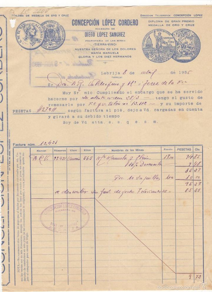 Alte Rechnungen: FACTURA. CONCEPCION LOPEZ CORDERO, PROPIETARIA DE LAS MINAS TIERRA - VINO, LEBRIJA, 1935.