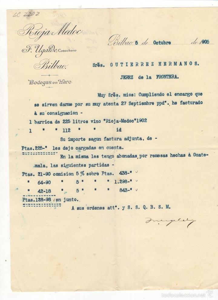 Alte Rechnungen: FACTURA. RIOJA MEDOC, F. UGALDE, COSECHERO, BILBAO, 1905.