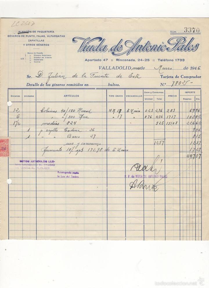 Old Invoices: FACTURA. VIUDA DE ANTONIO PALOS, ALMACEN DE ARTICULOS VARIOS, VALLADOLID, 1946.