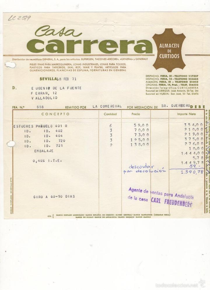 Old Invoices: FACTURA. CASA CARRERA, ALMACEN DE CURTIDOS, SEVILLA, 1971.