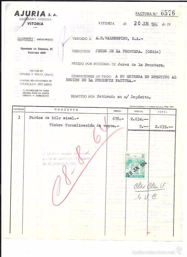 Factures anciennes: FACTURA. AJURIA, S.A. MAQUINARIA AGRICOLA. VITORIA, 1964.