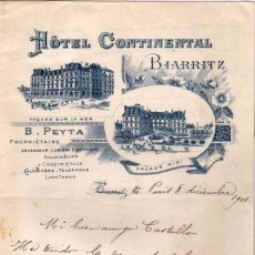 Facturas antiguas: HOTEL CONTINENTAL. BIARRITZ. FACHADA A LA PLAYA Y A LA PLAZA. 1901 TAMAÑO MEDIO FOLIO.. Lote 58150079