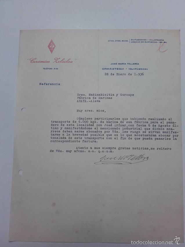 Old Invoices: CERAMICA ZELAIKOA, JOSE MARIA TELLERIA, ORMAIZTEGUI, GUIPUZCOA, FACTURA A&Ntilde;OS 36.