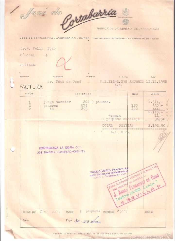 Alte Rechnungen: FACTURA. JOSE DE CORTARRABIA ORFEBRERIA. AMURRIO. 1958.