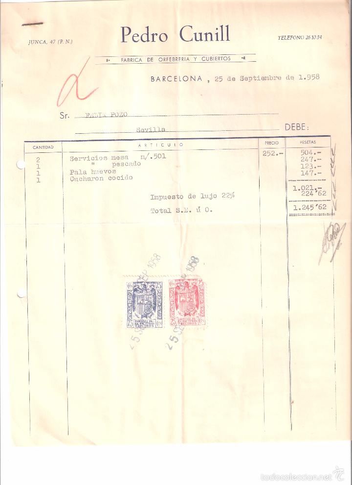 Alte Rechnungen: FACTURA. PEDRO CUNILL ORFEBRERIA. BARCELONA. 1958.