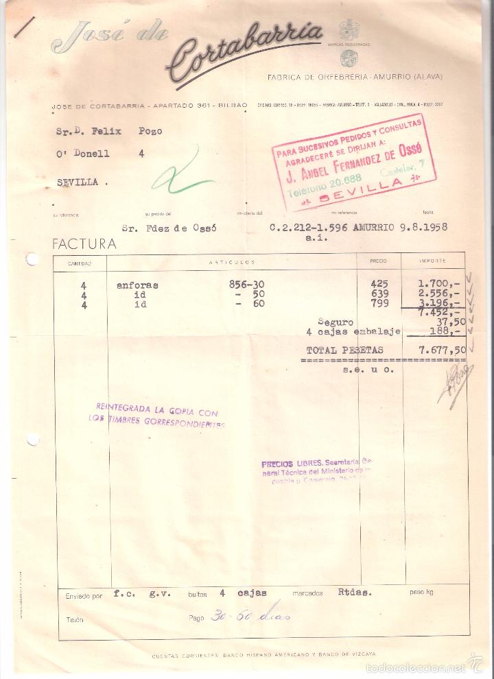 Alte Rechnungen: FACTURA. JOSE DE CORTARRABIA ORFEBRERIA. AMURRIO. 1958.