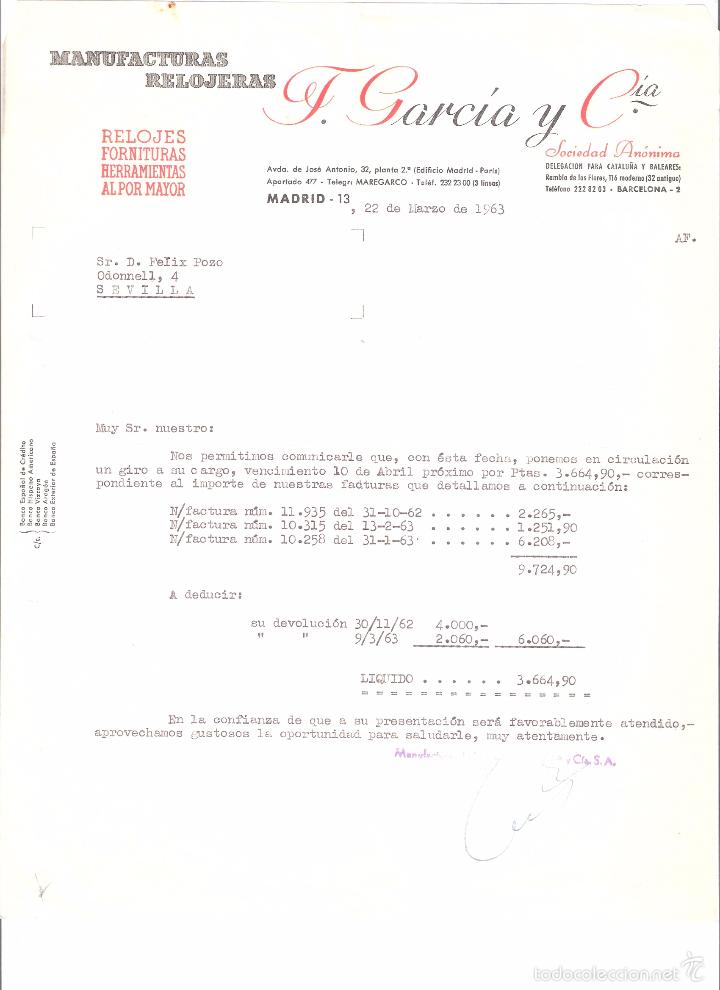 Alte Rechnungen: FACTURA.F. GARCIA Y CIA RELOJES. MADRID. 1963.
