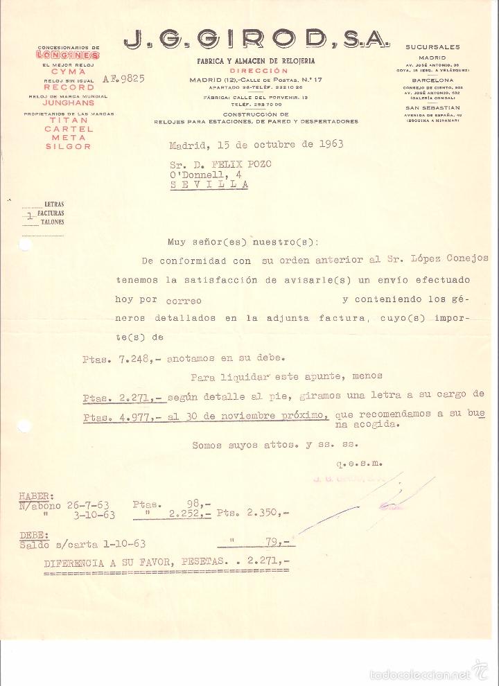 Alte Rechnungen: FACTURA. J. G. GIROD S.A RELOJERIA. MADRID. 1963.