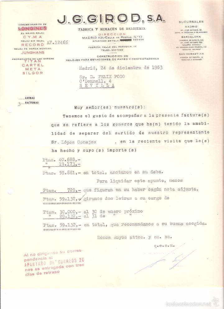 Alte Rechnungen: FACTURA. J. G. GIROD S.A RELOJERIA. MADRID. 1963.