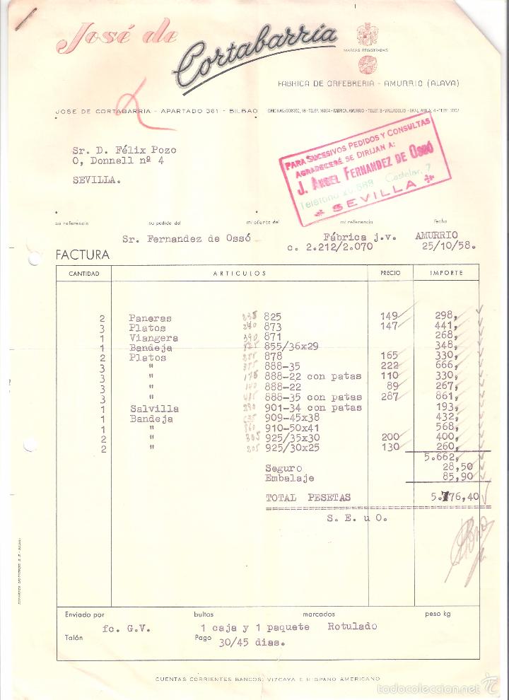 Alte Rechnungen: FACTURA. JOSE DE CORTARRABIA ORFEBRERIA. AMURRIO. 1958.