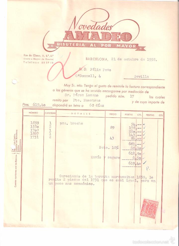 Alte Rechnungen: FACTURA. NOVEDADES AMADEO BISUTERIA. BARCELONA. 1958.
