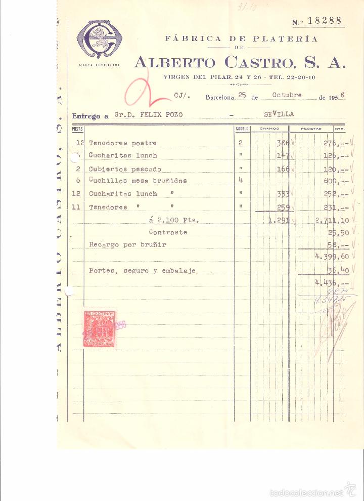 Alte Rechnungen: FACTURA. ALBERTO CASTRO S.A PLATERIA. BARCELONA.1958.