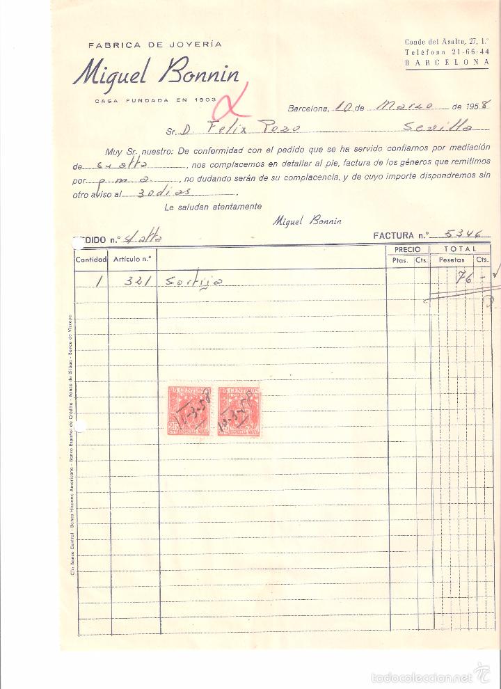 Alte Rechnungen: FACTURA. MIGUEL BONNIN JOYERIA. BARCELONA. 1958.