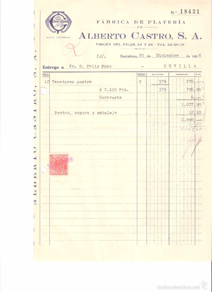 Alte Rechnungen: FACTURA. ALBERTO CASTRO S.A PLATERIA. BARCELONA.1958.