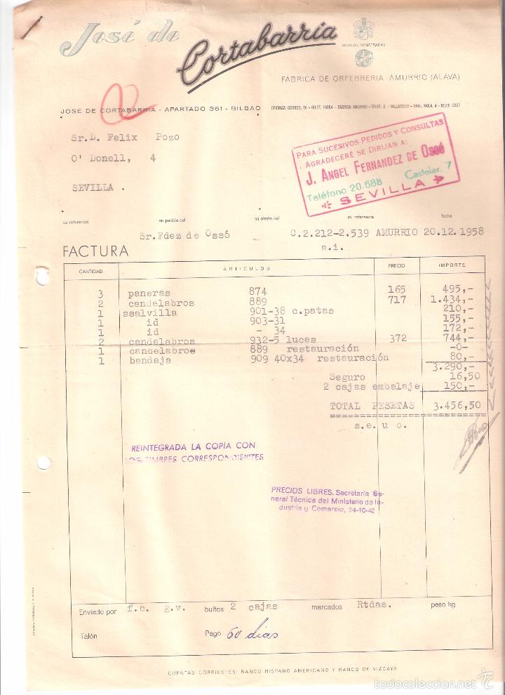 Alte Rechnungen: FACTURA. JOSE DE CORTARRABIA ORFEBRERIA. AMURRIO. 1958.