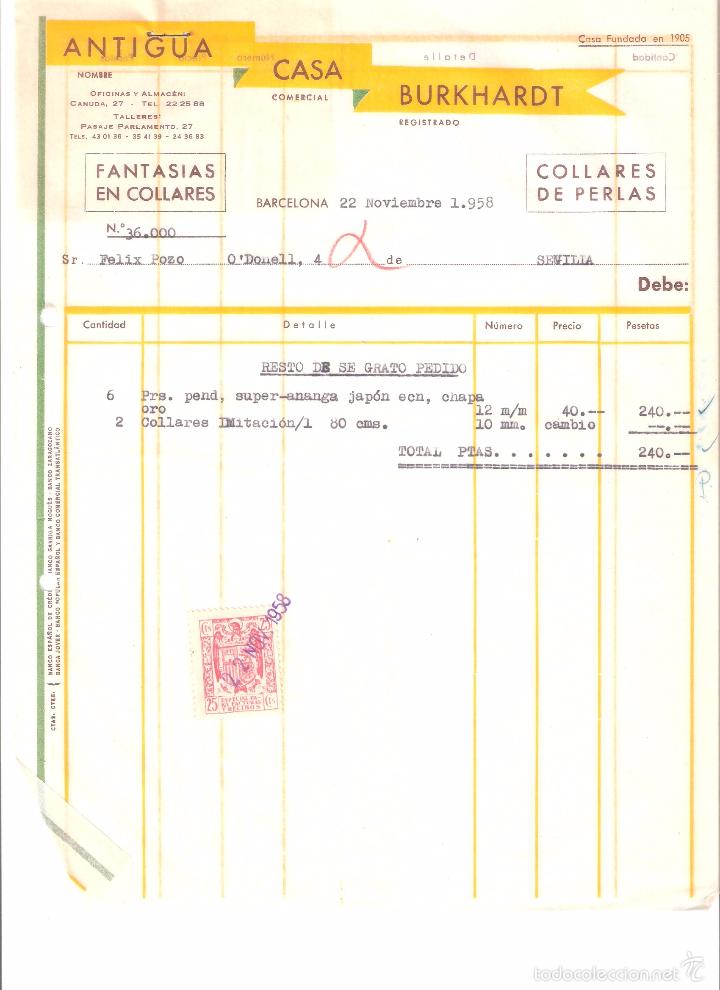 Alte Rechnungen: FACTURA. ANTIGUA CASA BURKHARDT. COLLARES DE PERLAS. BARCELONA. 1958.