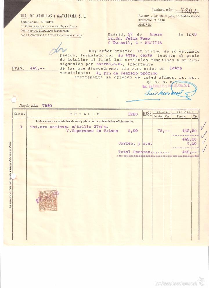Fatture antiche: FACTURA. SUC DE ARNILLAS Y MATALLANA S.L. MEDALLAS. MADRID. 1958.