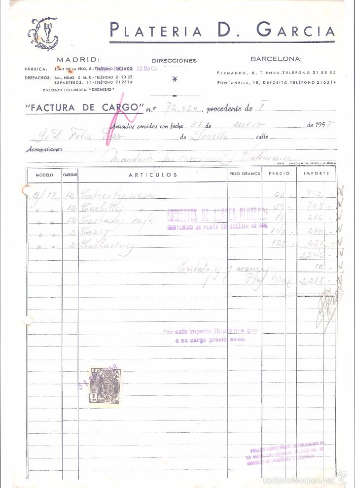 Old Invoices: FACTURA. PLATERIA D. GARCIA. MADRID. 1958.