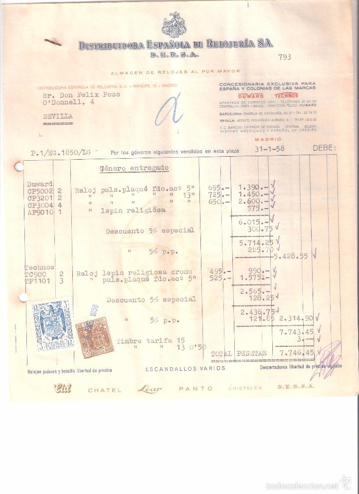 Old Invoices: FACTURA. DISTRIBUIDORA ESPA&Ntilde;OLA DE RELOJERIA S.A. MADRID. 1958