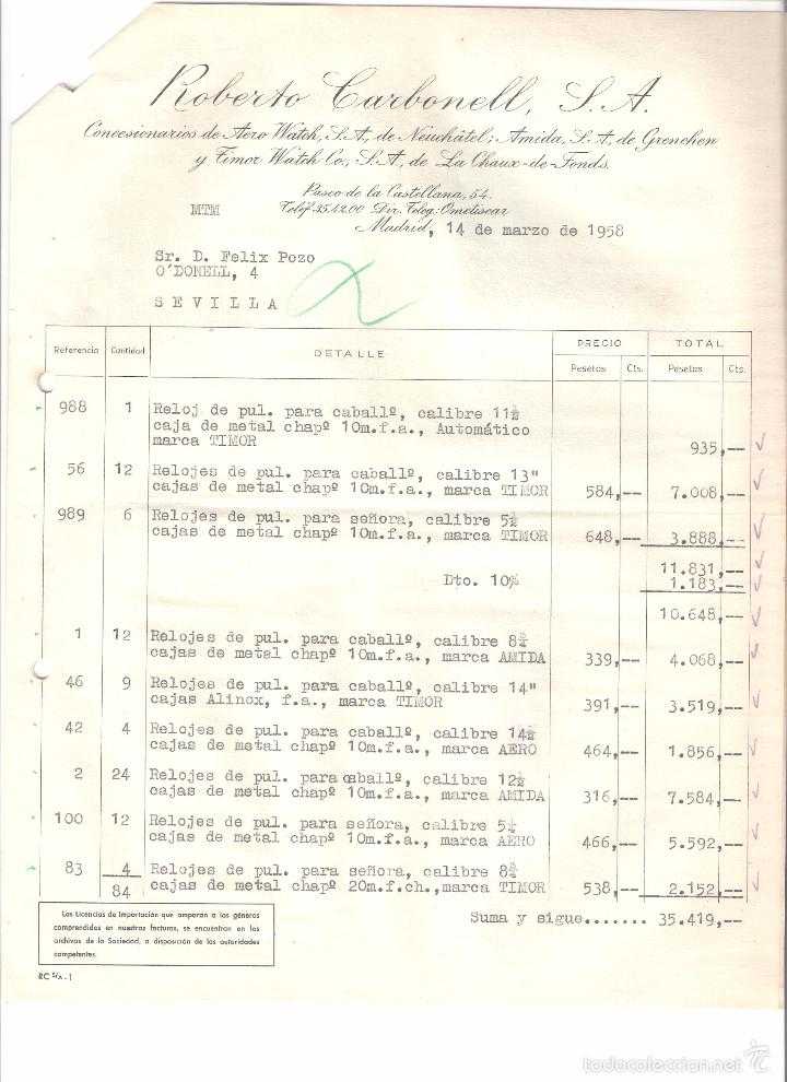 Old Invoices: FACTURA. ROBERTO CARBONELL S.A CONCESIONARIOS. BARCELONA. 1958.
