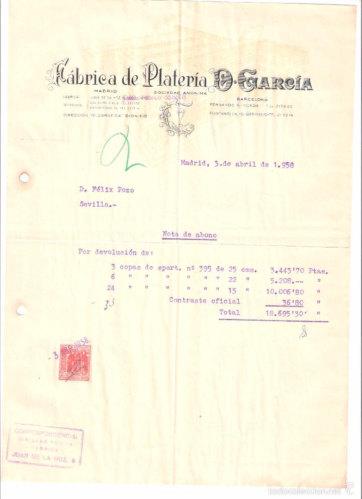 Old Invoices: FACTURA. PLATERIA D. GARCIA. MADRID. 1958.