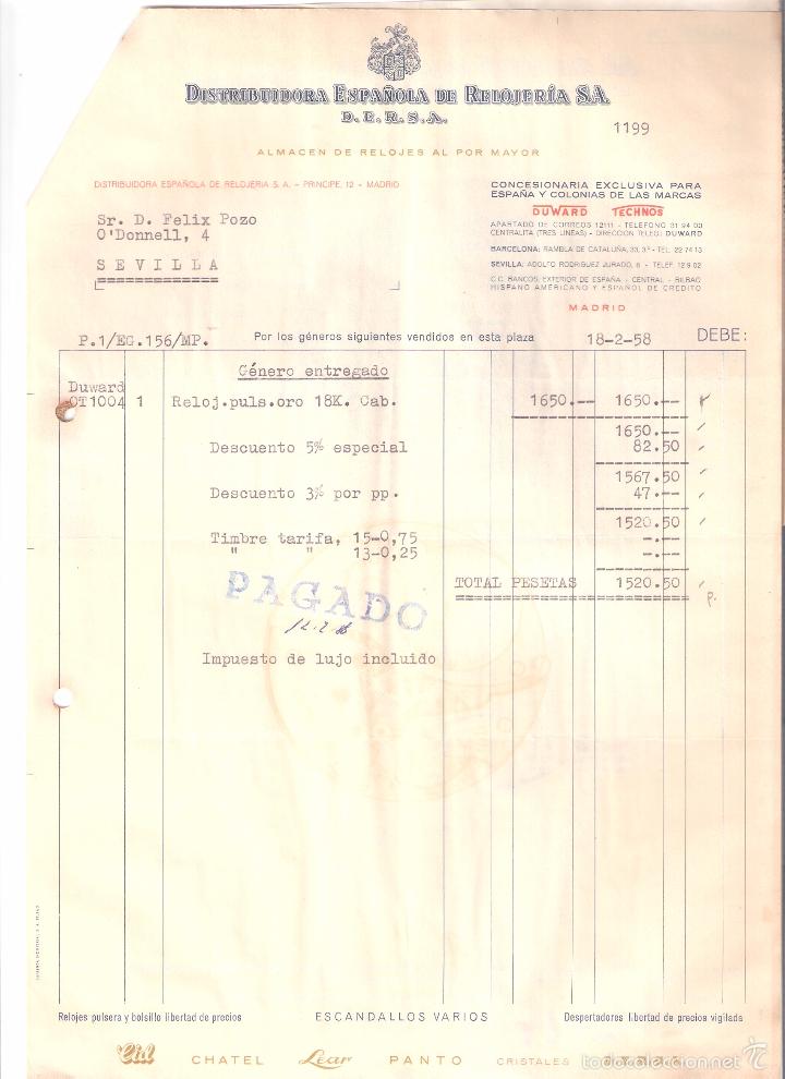 Old Invoices: FACTURA. DISTRIBUIDORA ESPA&Ntilde;OLA DE RELOJERIA S.A. MADRID. 1958