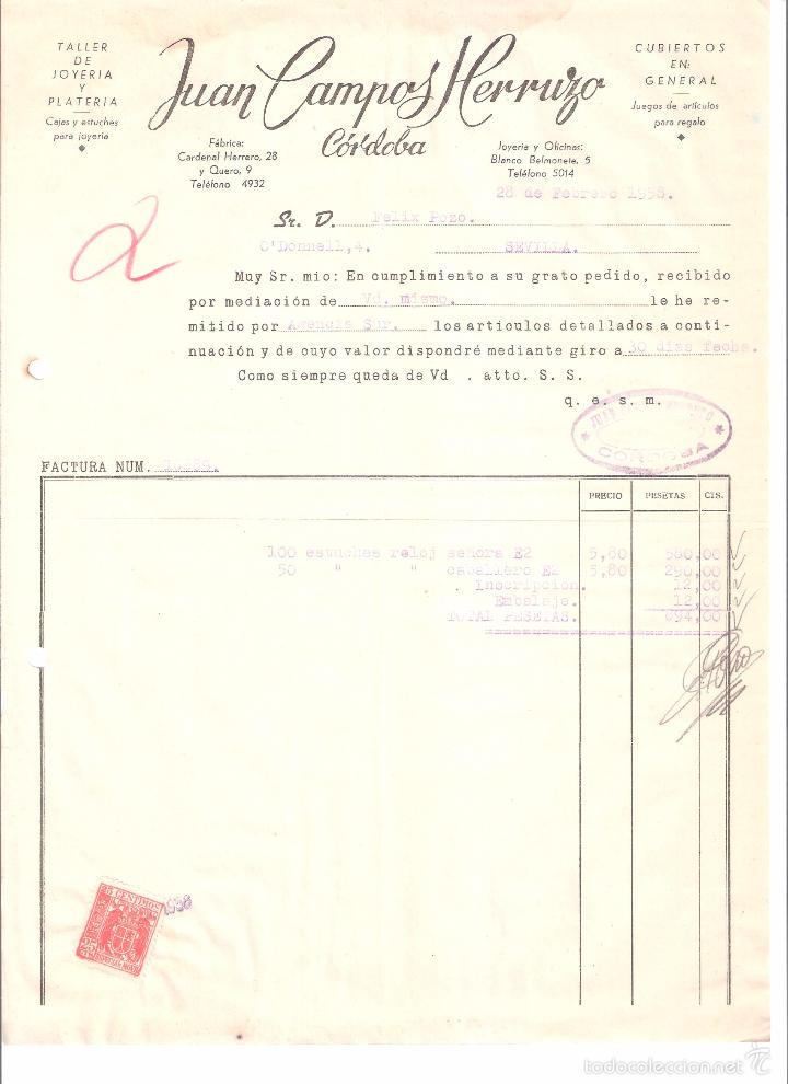 Alte Rechnungen: FACTURA. JUAN CAMPOS HERRUZO JOYERIA Y PLATERIA. CORDOBA. 1958.