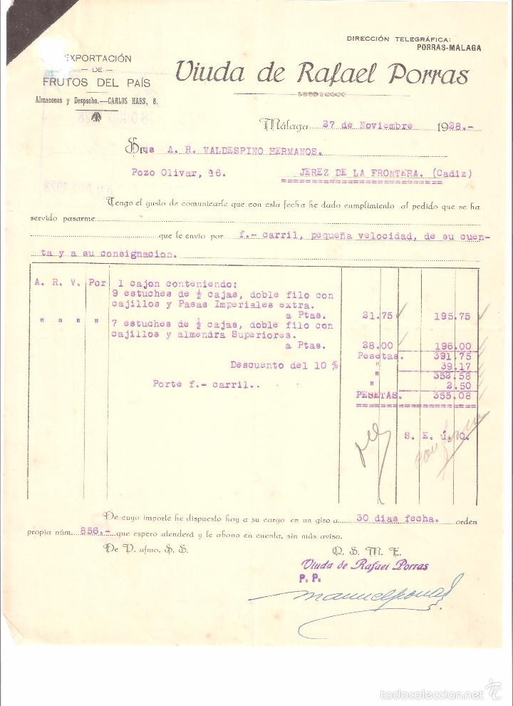 Alte Rechnungen: FACTURA. VIUDA DE RAFAEL PORRAS FRUTOS DEL PAIS. MALAGA. 1928.