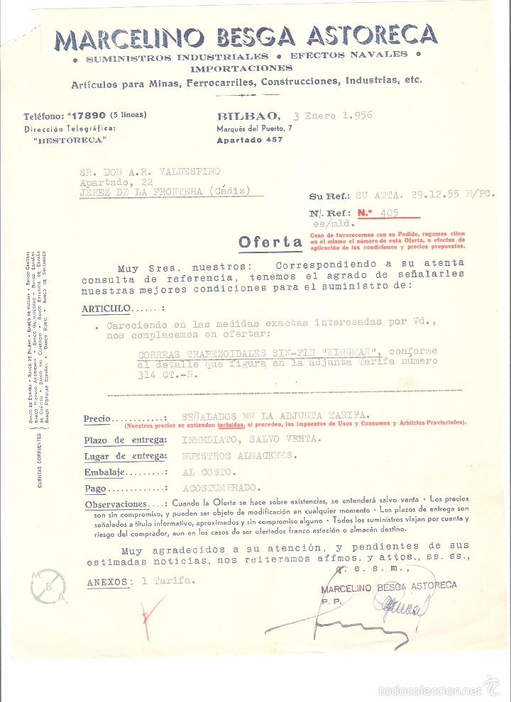 Alte Rechnungen: FACTURA. MARCELINA BESGA ASTORECA SUMINISTROS NAVALES. BILBAO. 1956.