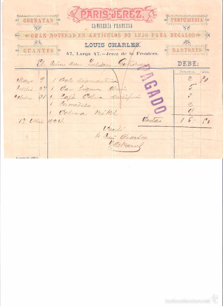 Alte Rechnungen: FACTURA. PARIS-JEREZ CAMISERIA FRANCESA. JEREZ DE LA FRA. A&Ntilde;O 1894.