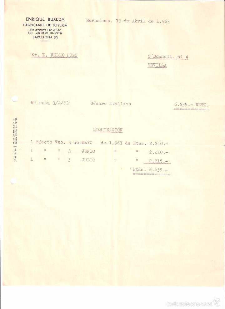 Old Invoices: FACTURA. ENRIQUE BUXEDA. FABRICANTE DE JOYERIA. BARCELONA A&Ntilde;O 1963.