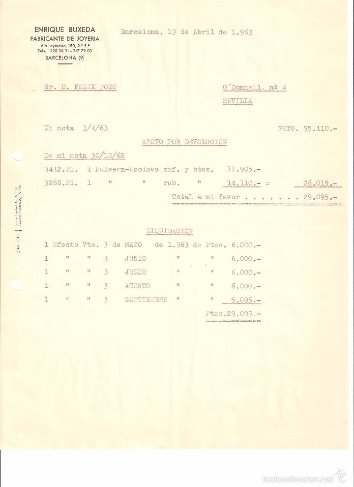 Old Invoices: FACTURA. ENRIQUE BUXEDA. FABRICANTE DE JOYERIA. BARCELONA A&Ntilde;O 1963.