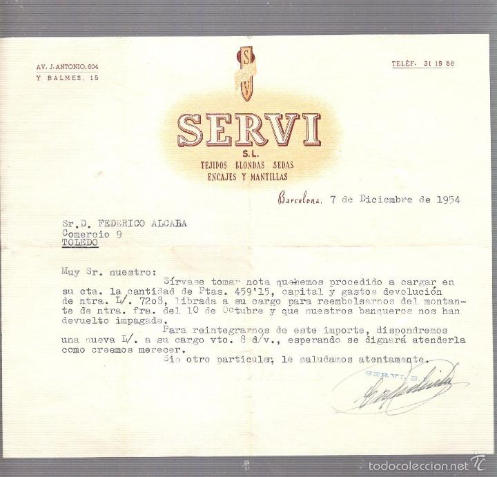 Facturas antiguas: FACTURA. SERVI S.L. TEJIDOS, BLONDAS, SEDAS. BARCELONA. 1954