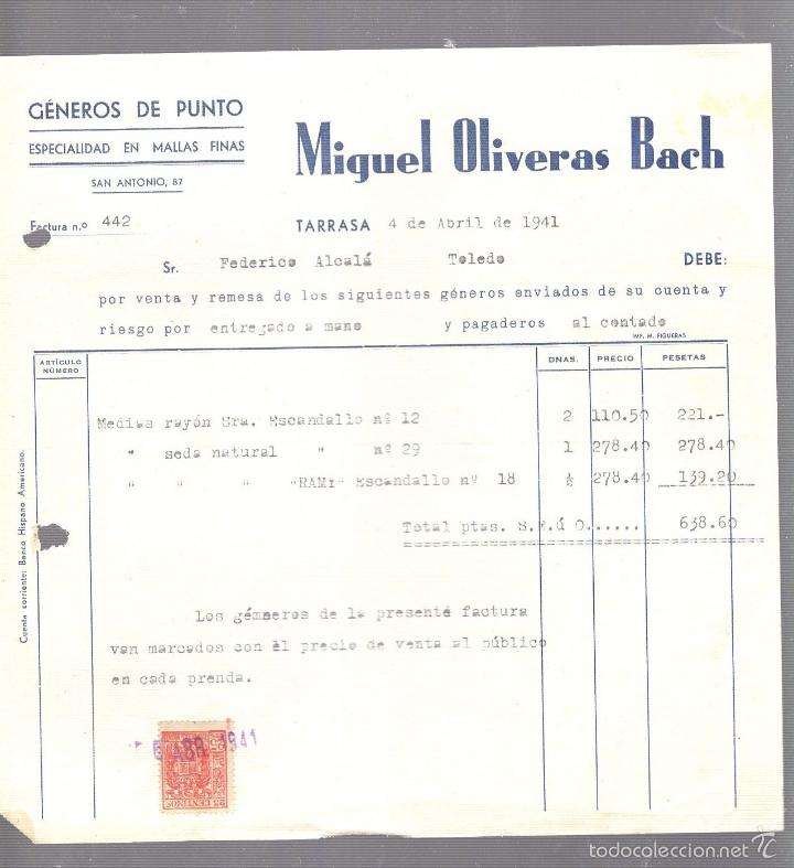 Facturas antiguas: FACTURA. MIGUEL OLIVERAS BACH. GENEROS DE PUNTO. TARRASA, 1941
