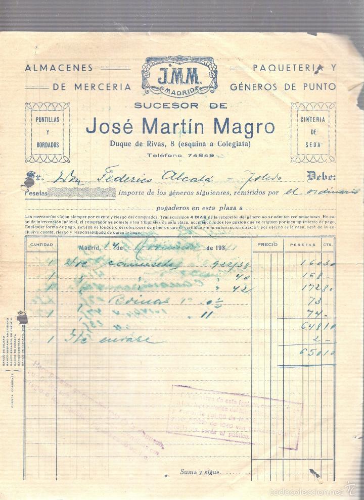 Factures anciennes: FACTURA. JOSE MARTIN MAGRO. ALMACENES DE MERCERIA. J.M.M. MADRID. 1941