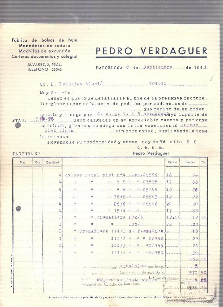 Factures anciennes: FACTURA. PEDRO VERDAGUER. BARCELONA. 1941. BOLSOS, MONEDEROS, MOCHILAS, CARTERAS.