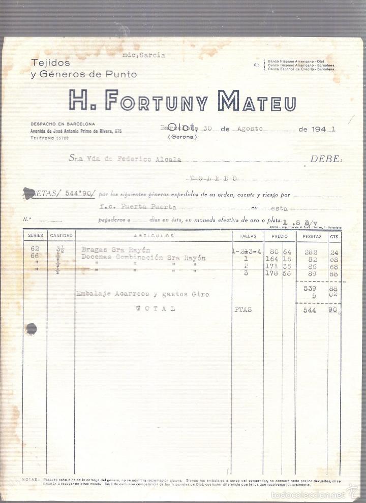 Factures anciennes: FACTURA. TEJIDOS Y GENEROS DE PUNTO. H.FORTUNY MATEU. BARCELONA. 1941