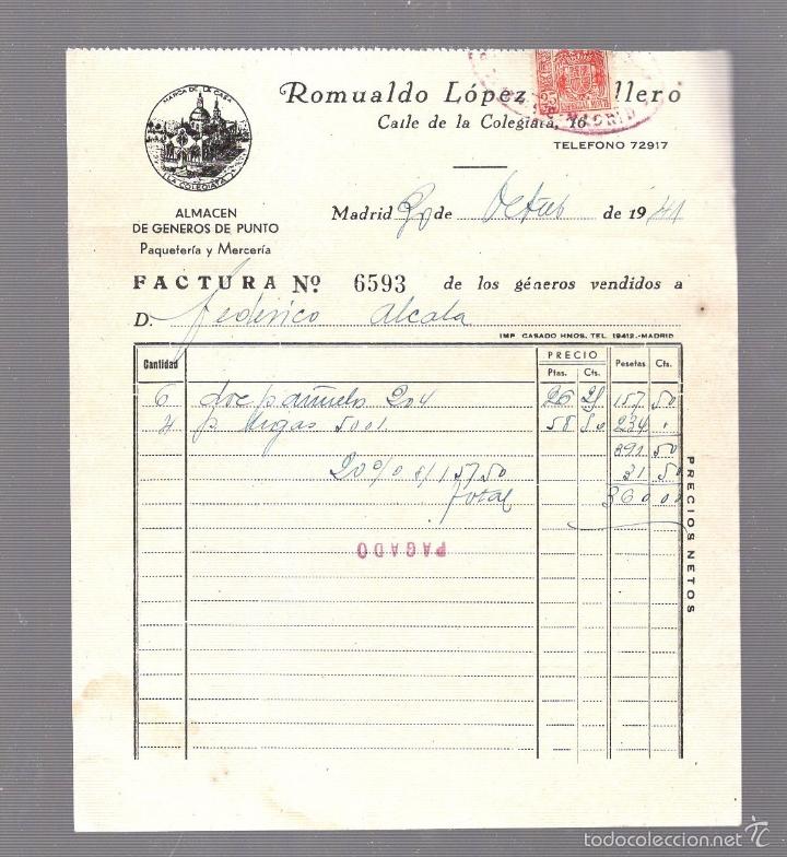 Factures anciennes: FACTURA. ROMUALDO LOPEZ. ALMACEN DE GENEROS DE PUNTO. PAQUETERIA Y MERCERIA. 1941