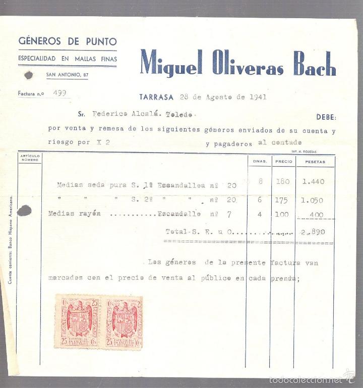 Factures anciennes: FACTURA. MIGUEL OLIVERAS BACH. GENEROS DE PUNTO. TARRASA, 1941