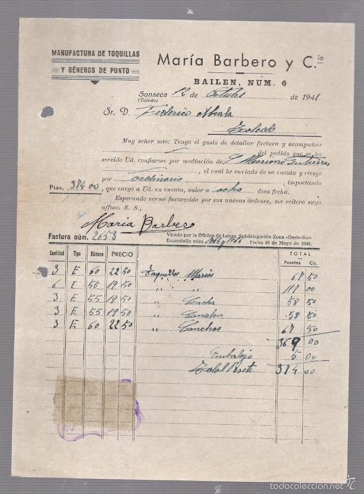 Factures anciennes: FACTURA. MARIA BARBERO Y CIA. TOQUILLAS Y GENEROS DE PUNTO. SONSECA, TOLEDO. 1941