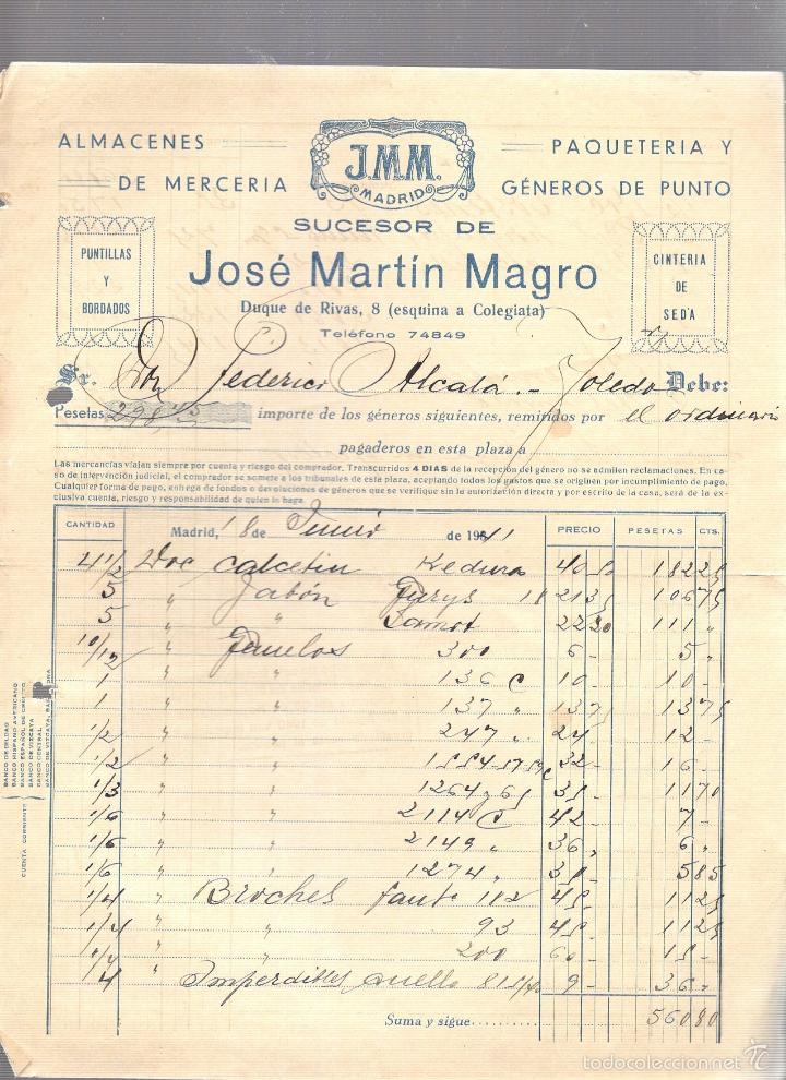Factures anciennes: FACTURA. JOSE MARTIN MAGRO. ALMACENES DE MERCERIA. J.M.M. MADRID. 1941