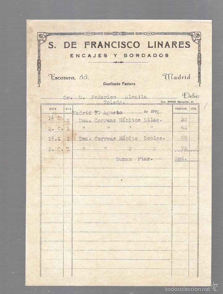 Factures anciennes: FACTURA. S. DE FRANCISCO LINARES. ENCAJES Y BORDADOS. MADRID. 1941