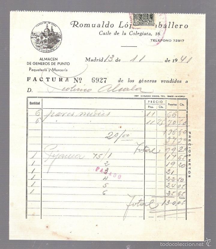 Factures anciennes: FACTURA. ROMUALDO LOPEZ. ALMACEN DE GENEROS DE PUNTO. PAQUETERIA Y MERCERIA. 1941
